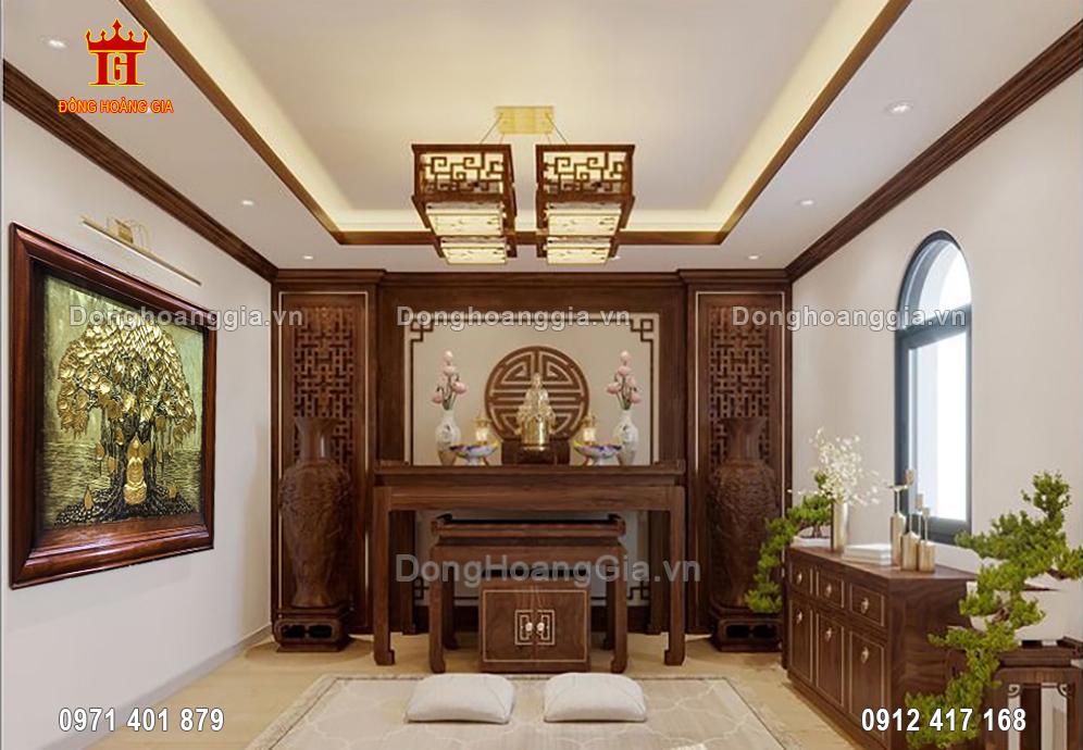 Tranh Đức Phật ngồi dưới gốc bồ đề mạ vàng 24K thích hợp treo tại phòng thờ Phật